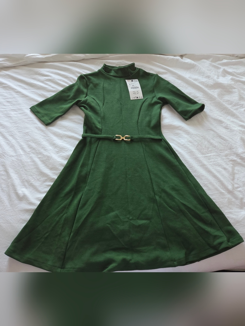 Forest Green Fit-and-Flare Dress with Gold Buckle Belt
